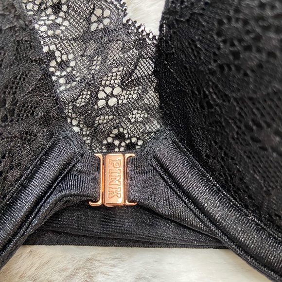 PINK Victoria’s Secret Black lace front clasping push-up bra,w-NWT gray cheekies - Picture 3 of 9
